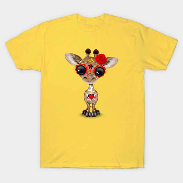 Red Day of the Dead Sugar Skull Baby Giraffe T-Shirt by jeffbartels